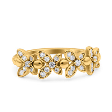 14K Yellow Gold Flower Half Eternity Stackable Wedding Engagement Ring Simulated CZ